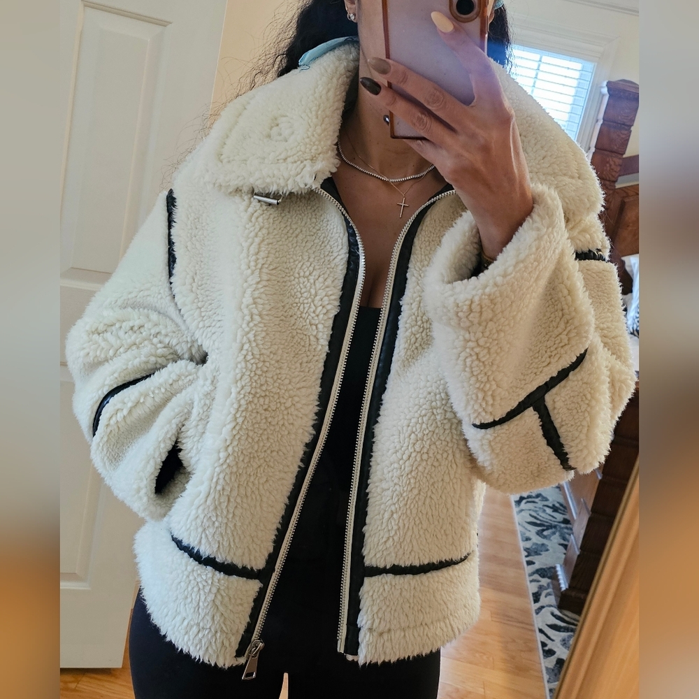ZARA FAUX SHEARLING BIKER JACKET ZW COLLECTION ECRU (M) Retail $200 EUC-naked - Picture 15 of 16